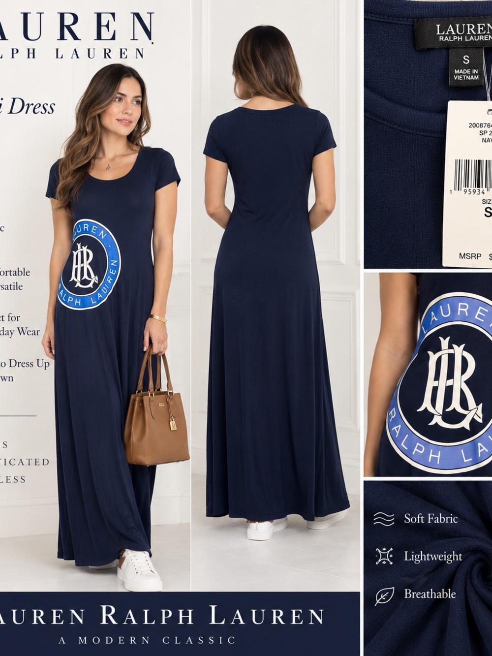Lauren Ralph Lauren Navy Short-Sleeve Scoop Neck Maxi Dress with Logo